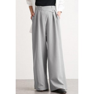 Casual Solid Irregular Waist Pleated Buttoned Si  Pockets Long Wi  Leg Pants